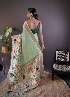 Olive pure soft kanchivaram paithani silk saree and unstitched blouse piece 2