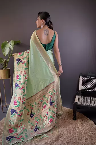 Olive pure soft kanchivaram paithani silk saree and unstitched blouse piece