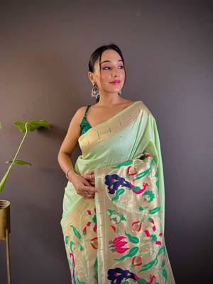Olive pure soft kanchivaram paithani silk saree and unstitched blouse piece 3