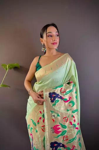 Olive pure soft kanchivaram paithani silk saree and unstitched blouse piece