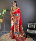 Red pure soft kanchivaram paithani silk saree and unstitched blouse piece