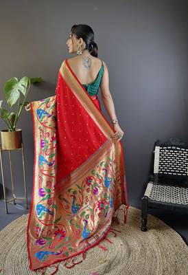 Red pure soft kanchivaram paithani silk saree and unstitched blouse piece 2