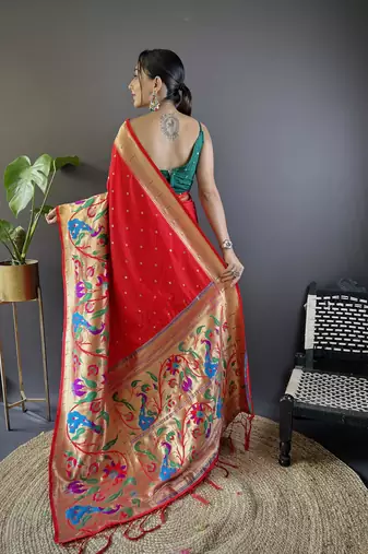 Red pure soft kanchivaram paithani silk saree and unstitched blouse piece