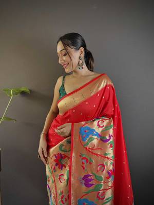 Red pure soft kanchivaram paithani silk saree and unstitched blouse piece 3