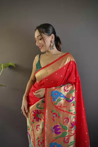 Red pure soft kanchivaram paithani silk saree and unstitched blouse piece