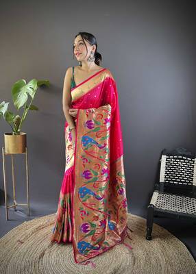 Pink pure soft kanchivaram paithani silk saree and unstitched blouse piece 1