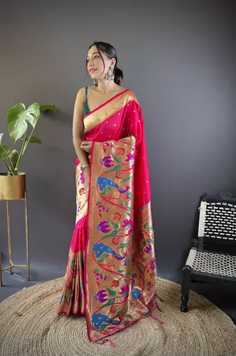 Pink pure soft kanchivaram paithani silk saree and unstitched blouse piece