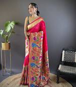 Pink pure soft kanchivaram paithani silk saree and unstitched blouse piece