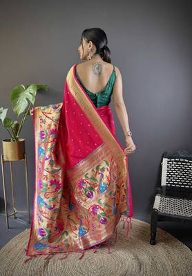 Pink pure soft kanchivaram paithani silk saree and unstitched blouse piece 2