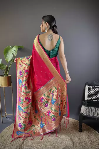 Pink pure soft kanchivaram paithani silk saree and unstitched blouse piece