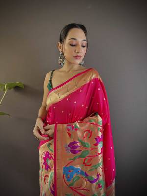 Pink pure soft kanchivaram paithani silk saree and unstitched blouse piece 3