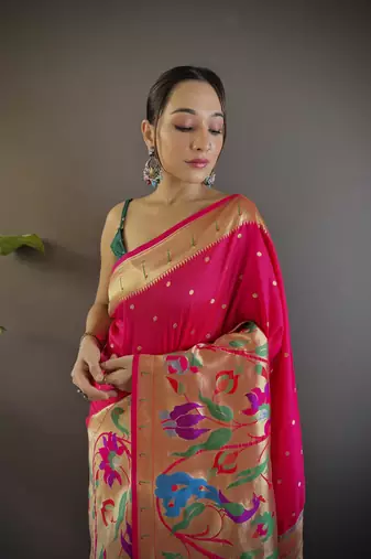 Pink pure soft kanchivaram paithani silk saree and unstitched blouse piece