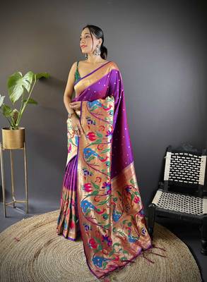 Purple pure soft kanchivaram paithani silk saree and unstitched blouse piece 1