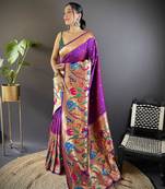 Purple pure soft kanchivaram paithani silk saree and unstitched blouse piece