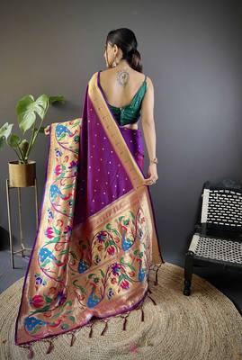 Purple pure soft kanchivaram paithani silk saree and unstitched blouse piece 2