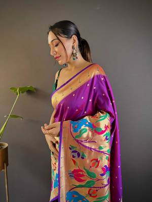 Purple pure soft kanchivaram paithani silk saree and unstitched blouse piece 3