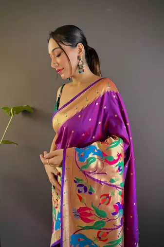 Purple pure soft kanchivaram paithani silk saree and unstitched blouse piece
