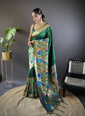 Dark green pure soft kanchivaram paithani silk saree and unstitched blouse piece 1