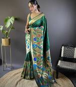 Dark green pure soft kanchivaram paithani silk saree and unstitched blouse piece