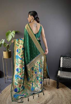 Dark green pure soft kanchivaram paithani silk saree and unstitched blouse piece 2