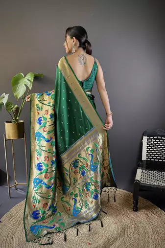 Dark green pure soft kanchivaram paithani silk saree and unstitched blouse piece
