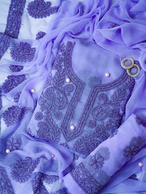 hand embroidered purple georgette lucknowi chikankari unstitched suit piece  1