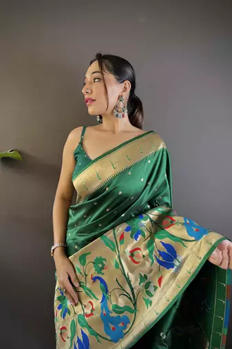 Dark green pure soft kanchivaram paithani silk saree and unstitched blouse piece