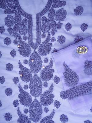 hand embroidered purple georgette lucknowi chikankari unstitched suit piece  3