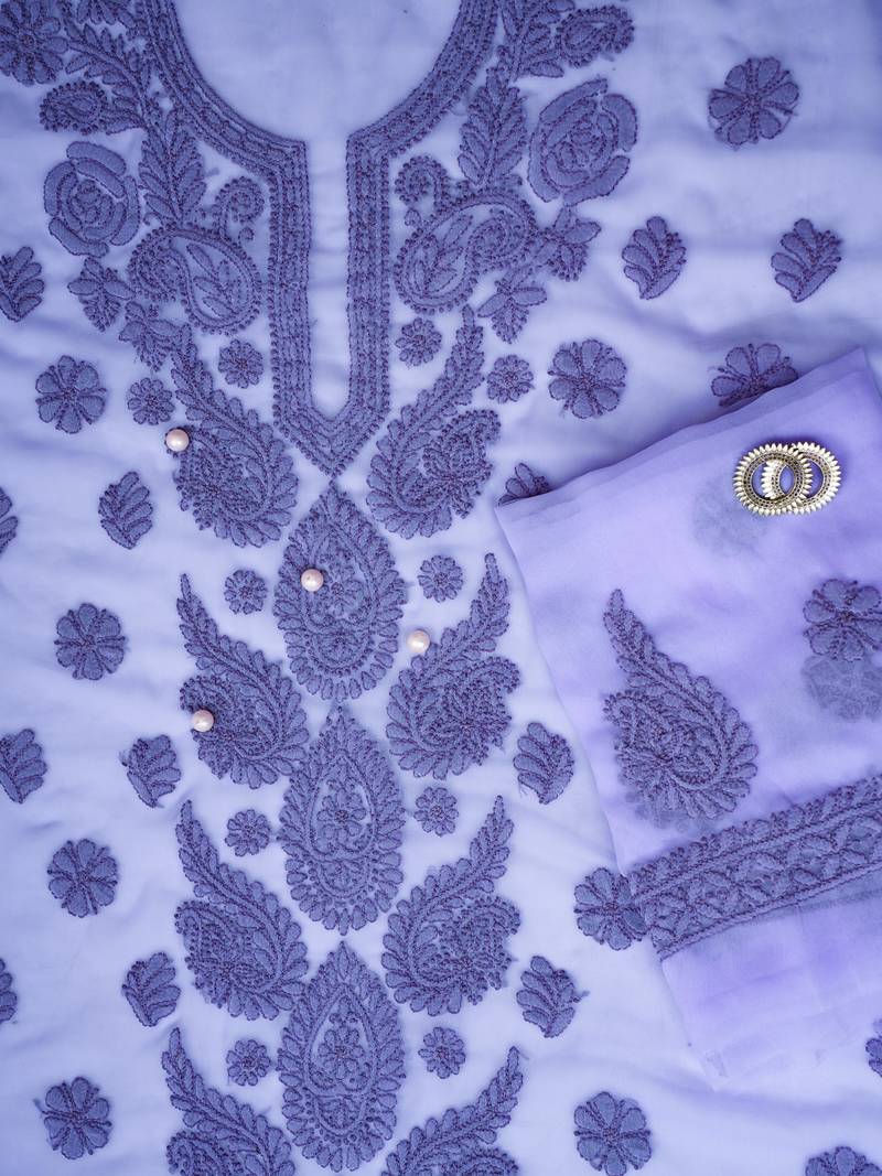 hand embroidered purple georgette lucknowi chikankari unstitched suit piece 
