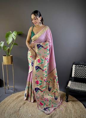 Light pink pure soft kanchivaram paithani silk saree and unstitched blouse piece 1
