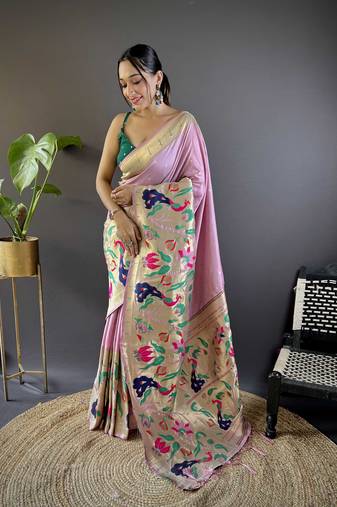 Light pink pure soft kanchivaram paithani silk saree and unstitched blouse piece