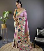 Light pink pure soft kanchivaram paithani silk saree and unstitched blouse piece