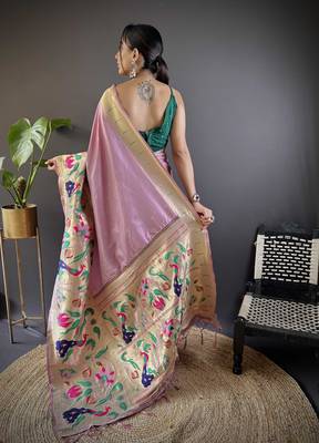 Light pink pure soft kanchivaram paithani silk saree and unstitched blouse piece 2