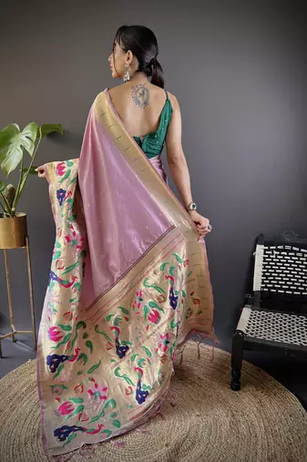 Light pink pure soft kanchivaram paithani silk saree and unstitched blouse piece