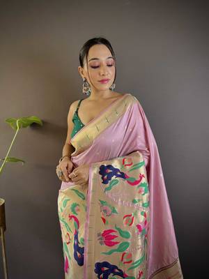 Light pink pure soft kanchivaram paithani silk saree and unstitched blouse piece 3