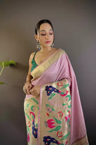 Light pink pure soft kanchivaram paithani silk saree and unstitched blouse piece