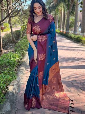 Blue zari woven soft silk women's saree with blouse piece 1