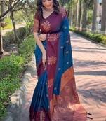 Blue zari woven soft silk women's saree with blouse piece