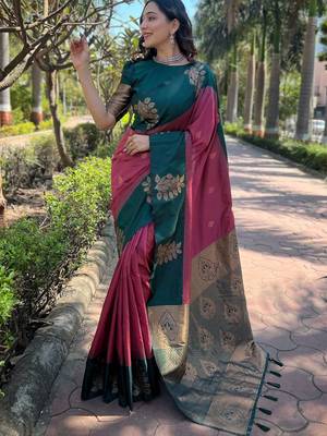 Pink zari woven soft silk women's saree with blouse piece 1