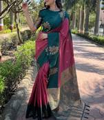 Pink zari woven soft silk women's saree with blouse piece