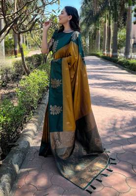 Mustard zari woven soft silk women's saree with blouse piece 2