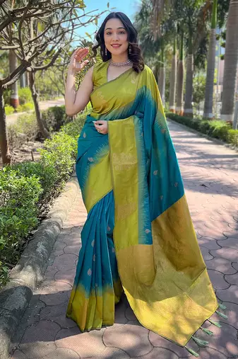 Teal zari woven soft silk women's saree with blouse piece