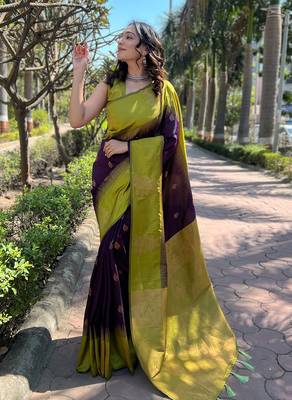 Purple zari woven soft silk women's saree with blouse piece 1