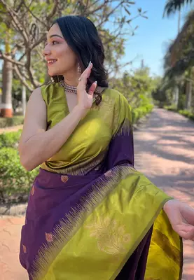 Purple zari woven soft silk women's saree with blouse piece 3