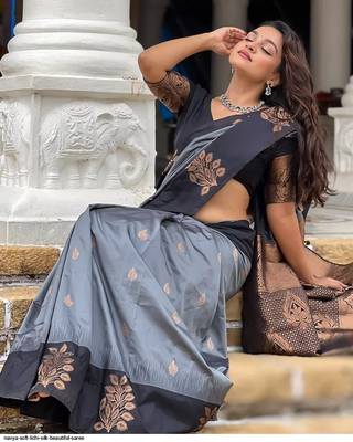 Grey zari woven soft silk women's saree with blouse piece 3