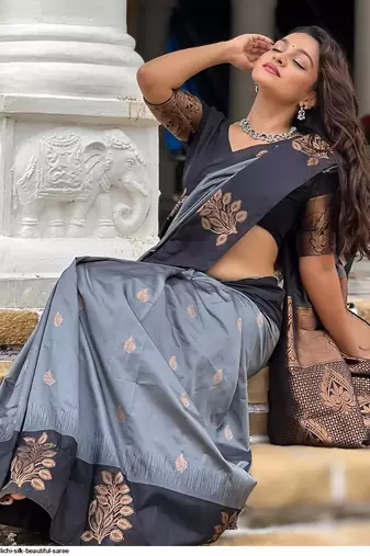 Grey zari woven soft silk women's saree with blouse piece