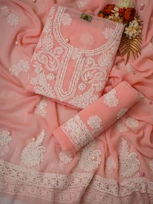 hand embroidered peach georgette lucknowi chikankari unstitched suit piece  1