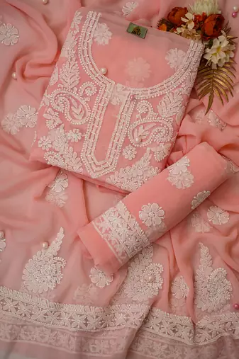 hand embroidered peach georgette lucknowi chikankari unstitched suit piece 