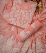 hand embroidered peach georgette lucknowi chikankari unstitched suit piece 