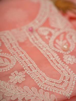 hand embroidered peach georgette lucknowi chikankari unstitched suit piece  2